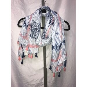 Boho Ikat Diamond Pattern Scarf Pink Navy Blue White Tassel Fringe